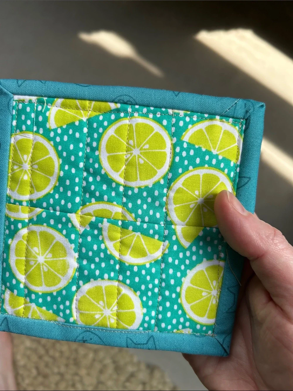 Handmade Patchwork Fabric Coasters - Teal Trim, Lime & Macaron Prints